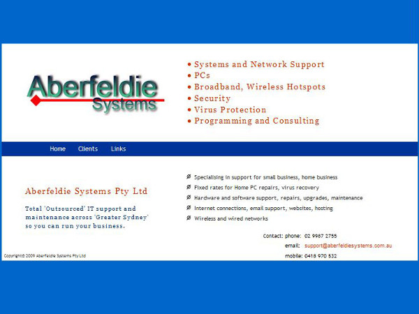 image of the front page of Aberfeldie Systems